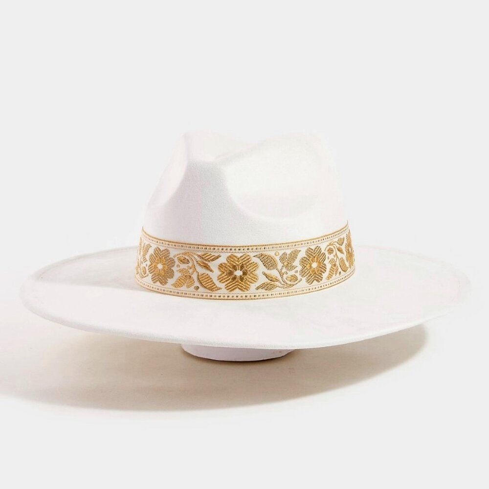 Embroidered Flower Band Felt Fedora Hat